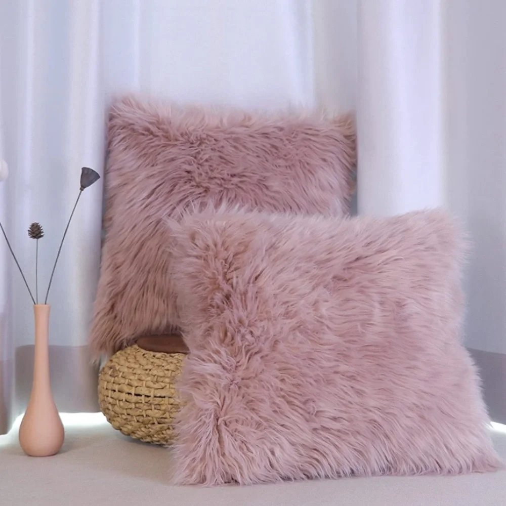 Luxury Home | Set of 2 Elegant Dusty Peony Pink Faux Fur Throw Pillow Covers